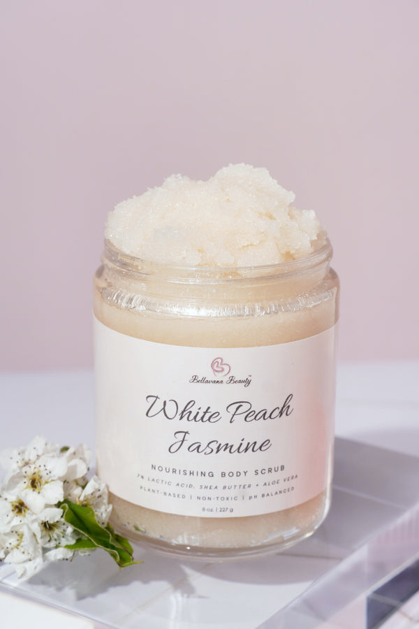 Dry Skin AHA Body Scrub - White Peach Jasmine - Bellavana Beauty